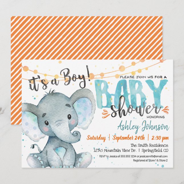 Boy Elephant Baby Shower invitation Blue & Orange (Front/Back)