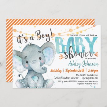 Boy Elephant Baby Shower Invitation Blue & Orange by Card_Stop at Zazzle