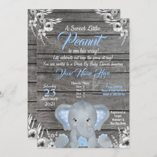 Boy Elephant Baby Shower Invitation blue Rustic