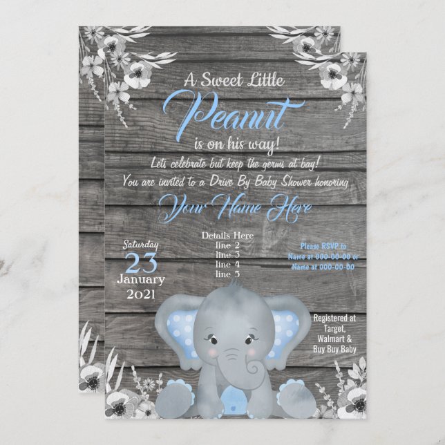 Boy Elephant Baby Shower Invitation blue Rustic (Front/Back)
