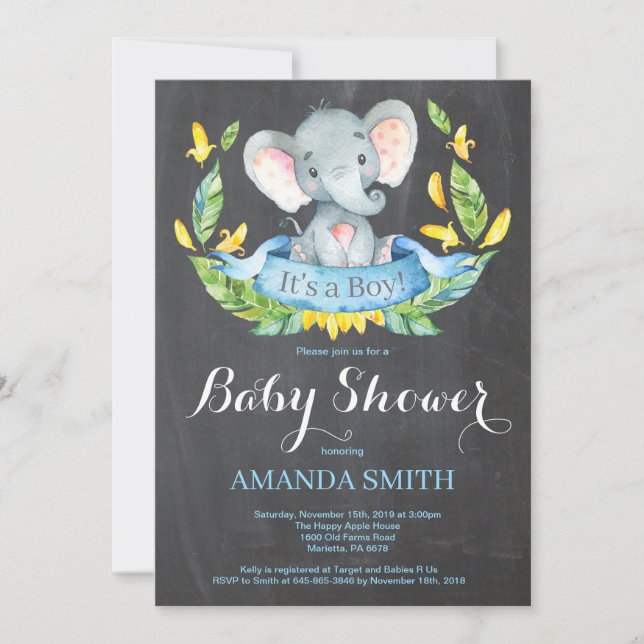 Boy Elephant Baby Shower Invitation Chalkboard (Front)