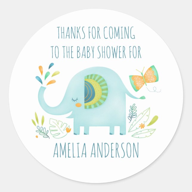 Boy Elephant Baby Shower Thank You Classic Round Sticker (Front)