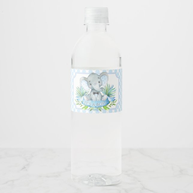 Boy Elephant Baby Shower Water Bottle Labels (Front)