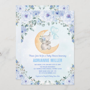 Boy Elephant Baby Shower / Watercolor Blue Floral Invitation