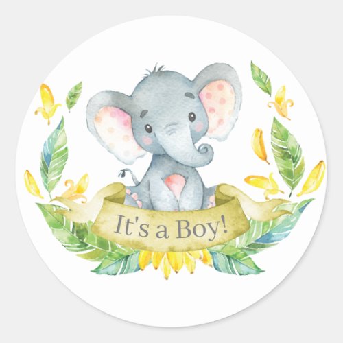 Boy Elephant Baby Shower Yellow Classic Round Sticker