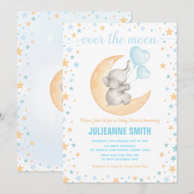 Boy Elephant Baby Siting on Moon Shower Invitation (Front/Back)