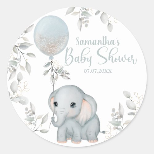 Boy Elephant  Balloon Watercolor Baby Shower Classic Round Sticker
