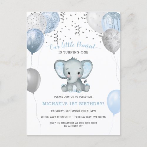 Boy Elephant  Balloons 1st Birthday Postcard