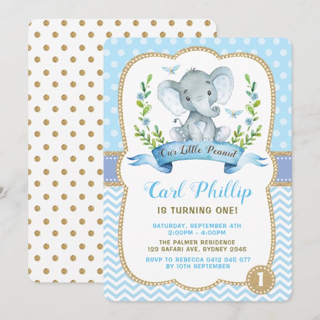 Boy Elephant Birthday Party Blue & Gold Invite (Front/Back)