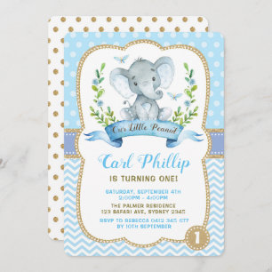 Boy Elephant Birthday Party Blue & Gold Invite