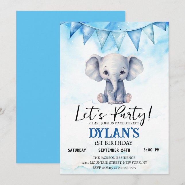 Boy Elephant Birthday Party Invitation (Front/Back)