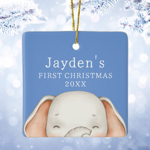Boy Elephant Blue Baby 1st Christmas Ceramic Ornament