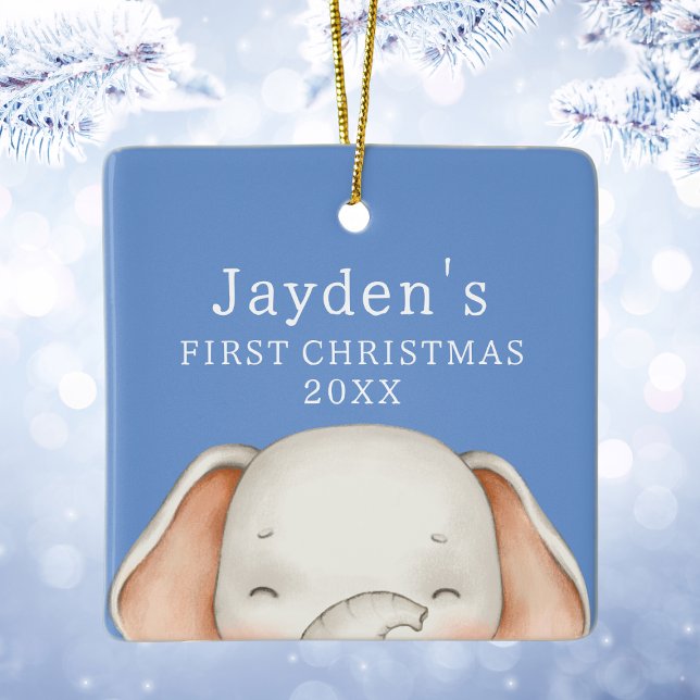 Boy Elephant Blue Baby 1st Christmas Ceramic Ornament (Custom Blue Cute Elephant Baby Boy First Christmas Ceramic Ornament
)