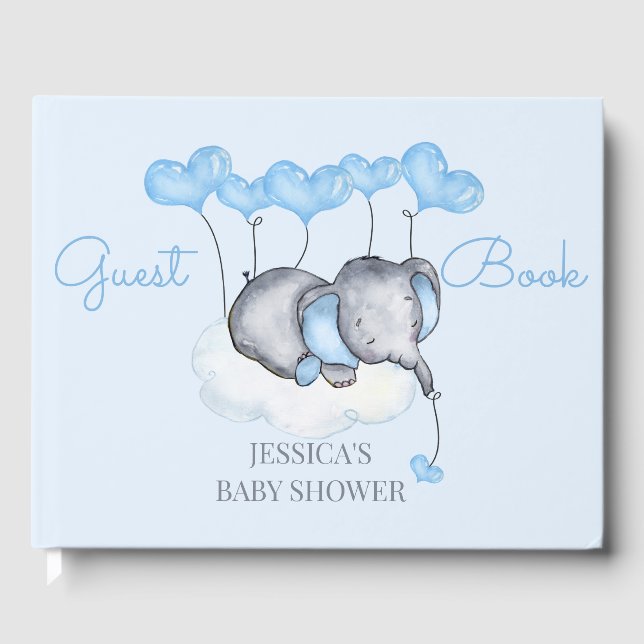 Boy Elephant Blue Baby Shower Guest Book (Front)