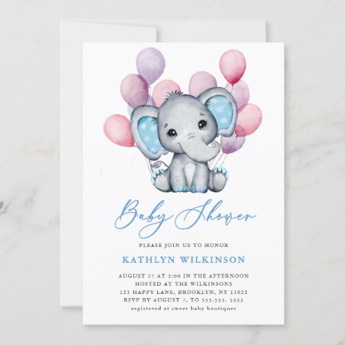 Boy Elephant Blue Balloon Script Cute Baby Shower Invitation