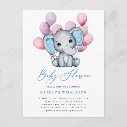 Boy Elephant Blue Balloon Script Cute Baby Shower Invitation Postcard