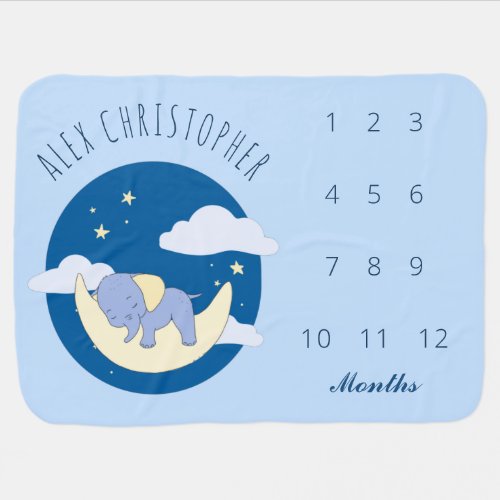 Boy Elephant Blue Dreamy Clouds Stars Milestone Baby Blanket