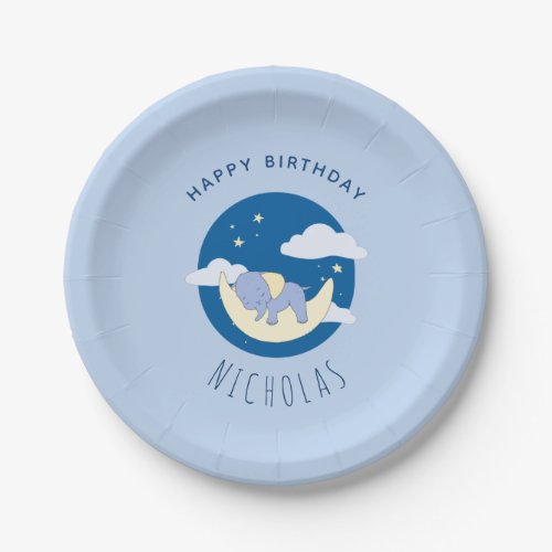 Boy Elephant Blue Dreamy Kids Birthday Party Paper Plates