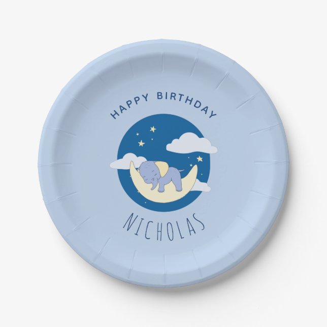 Boy Elephant Blue Dreamy Kids Birthday Party Paper Plates (Front)