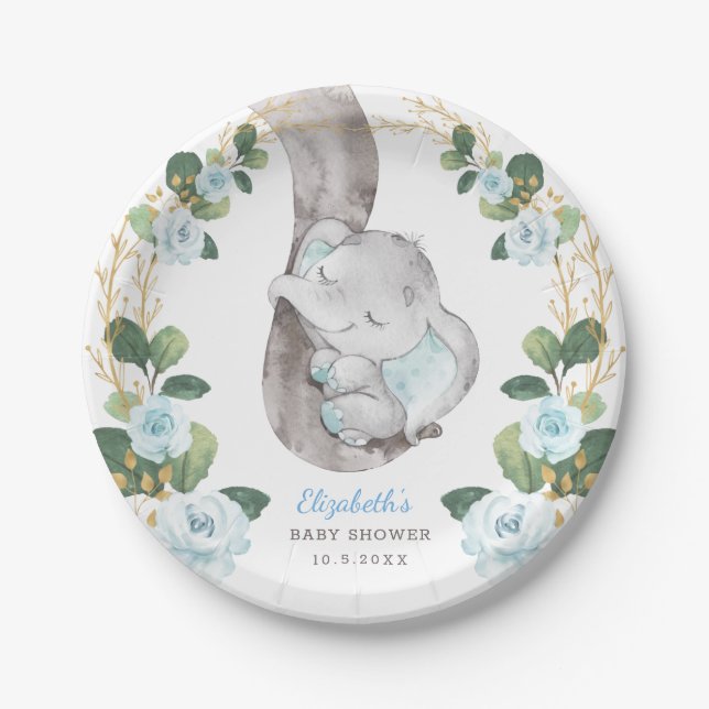 Boy Elephant Blue Gold Floral Greenery Baby Shower Paper Plates (Front)