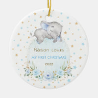 Boy Elephant Blue Gold Stars Baby 1st Christmas