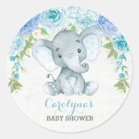 Boy Elephant Blue Rose Peony Baby Shower Favors Classic Round Sticker