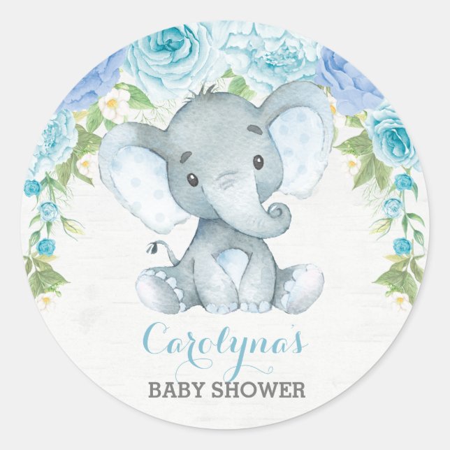 Boy Elephant Blue Rose Peony Baby Shower Favors Classic Round Sticker (Front)