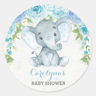 Boy Elephant Blue Rose Peony Baby Shower Favors Classic Round Sticker