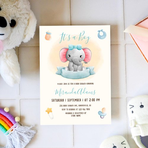 Boy Elephant Blue Watercolor Baby Shower Invitation