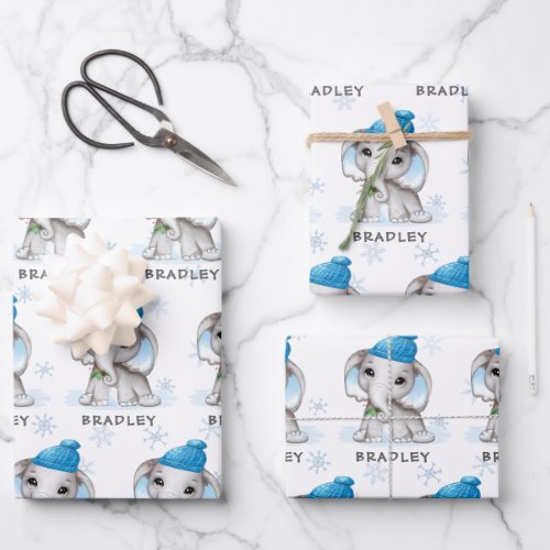 Boy Elephant Blue Winter Christmas Personalized Wrapping Paper Sheets
