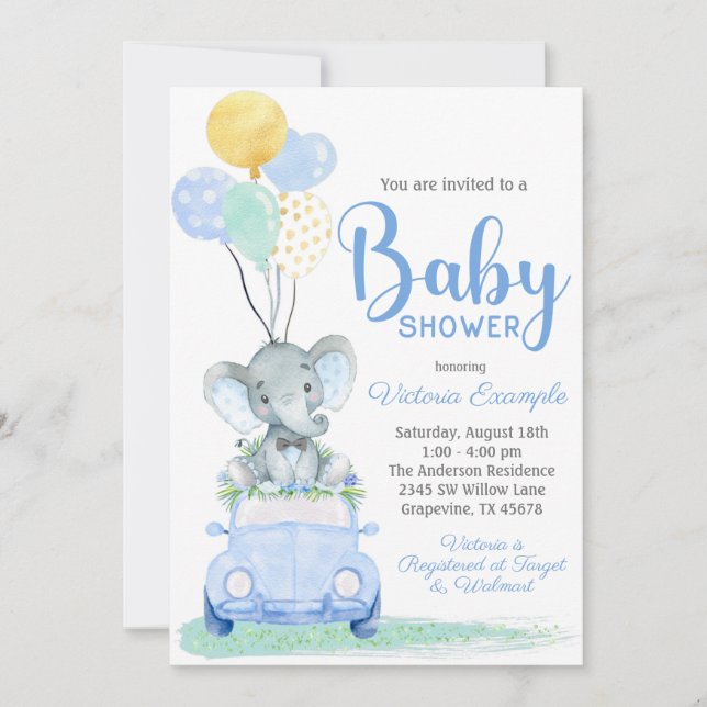 Boy Elephant Bow Tie Car Baby Shower Invitation (Front)