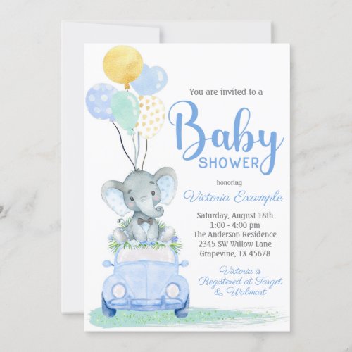 Boy Elephant Bow Tie Car Baby Shower Invitation
