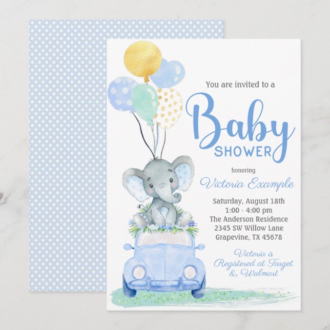 Boy Elephant Car Baby Shower Invitation (Front/Back)