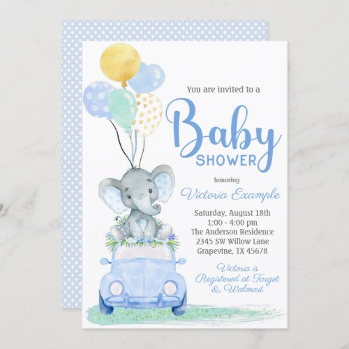 Boy Elephant Car Baby Shower Invitation