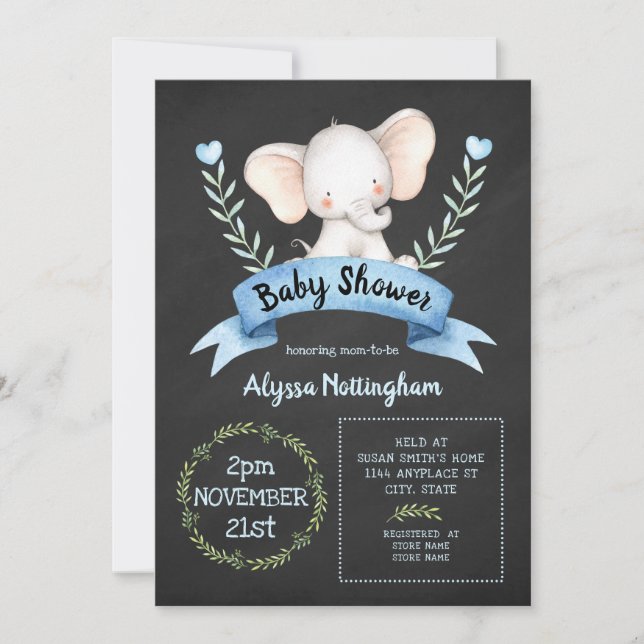 Boy elephant chalkboard baby shower invitation (Front)