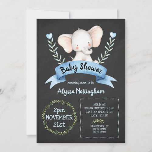 Boy elephant chalkboard baby shower invitation