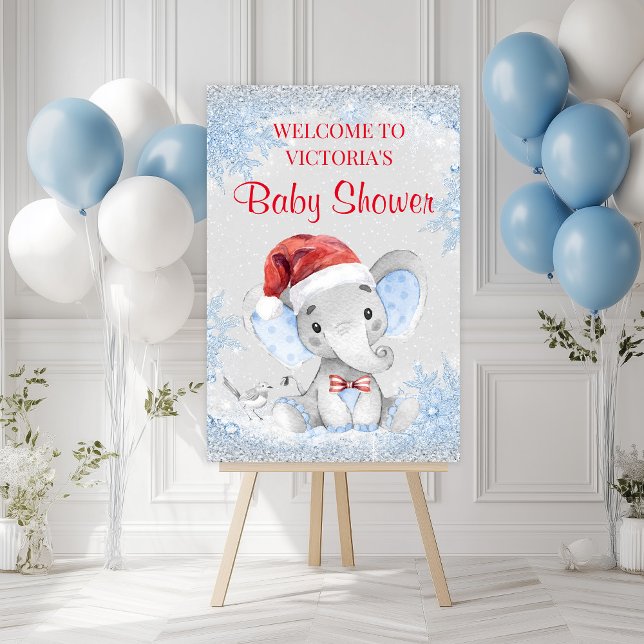 Boy Elephant Christmas Baby Shower Welcome Sign (Boy Christmas baby shower welcome sign with cute baby elephant with Santa hat and bow tie.)