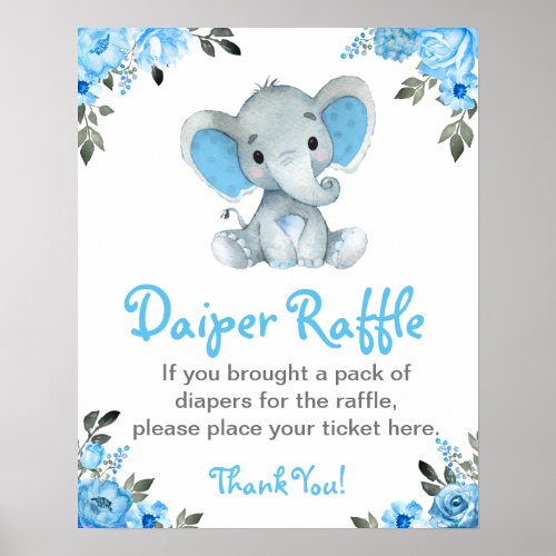 Boy Elephant Diaper Raffle Baby Shower Game Sign 