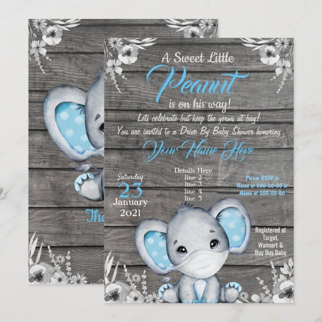 Boy Elephant Drive By Baby Shower Invitation blue (Front/Back)