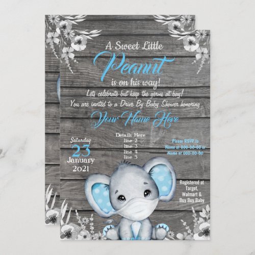 Boy Elephant Drive By Baby Shower Invitation blue
