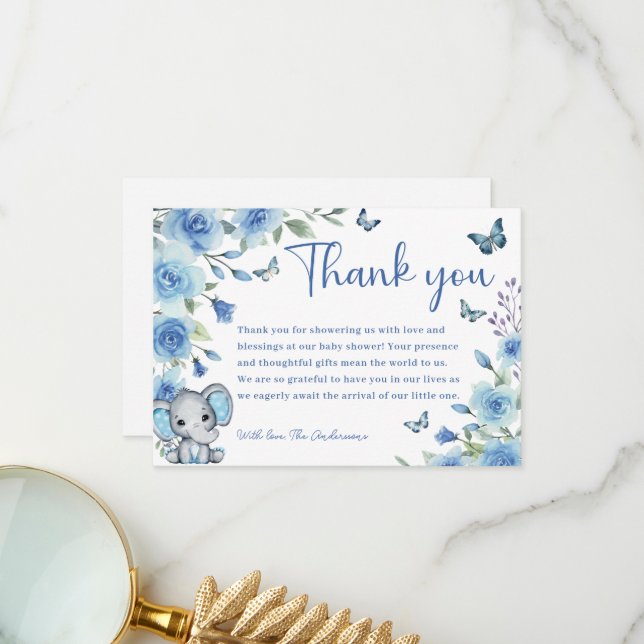 Boy Elephant Dusty Blue Rose Baby Shower  Thank You Card (Front/Back In Situ)