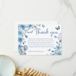 Boy Elephant Dusty Blue Rose Baby Shower Thank You Card