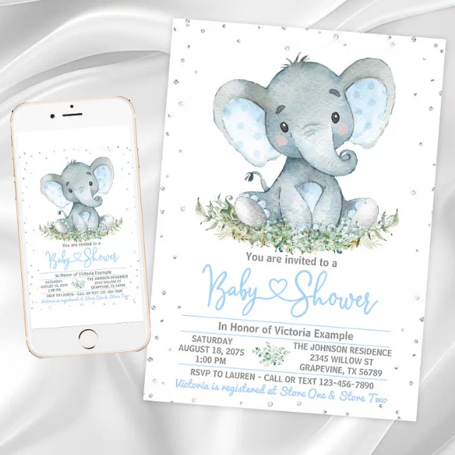 Boy Elephant Glitter Baby Shower Invitation | Zazzle