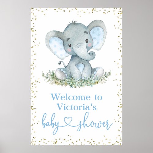 Boy Elephant Gold Glitter Baby Shower Welcome Sign