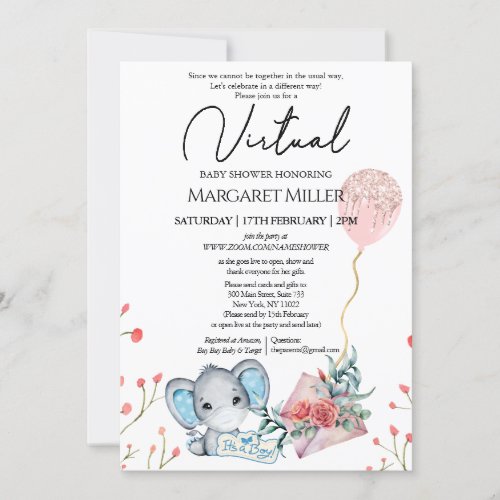 Boy Elephant Gold Glitter Balloon Virtual Shower Invitation