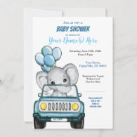 Boy Elephant in Car Baby Shower Invitation