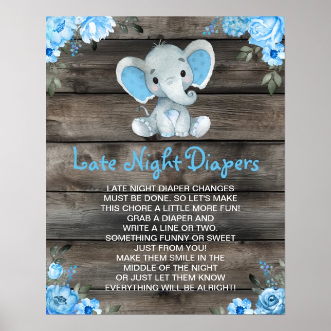 Boy Elephant Late Night Diapers Baby Shower Game Poster (Front)