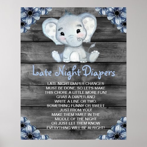 Boy Elephant Late Night Diapers Baby Shower Game Poster
