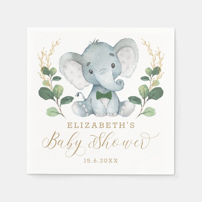 Boy Elephant Little Gentleman Greenery Baby Shower Napkins (Front)