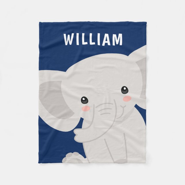 Boy Elephant Navy Blue Personalized Fleece Blanket (Front)